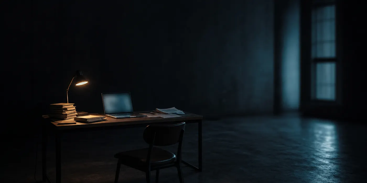A small home desk standing alone in a large, empty, dark room: one laptop with an unreadable dim glow, a leaning stack of books and loose printed pages, and an empty chair pushed back.